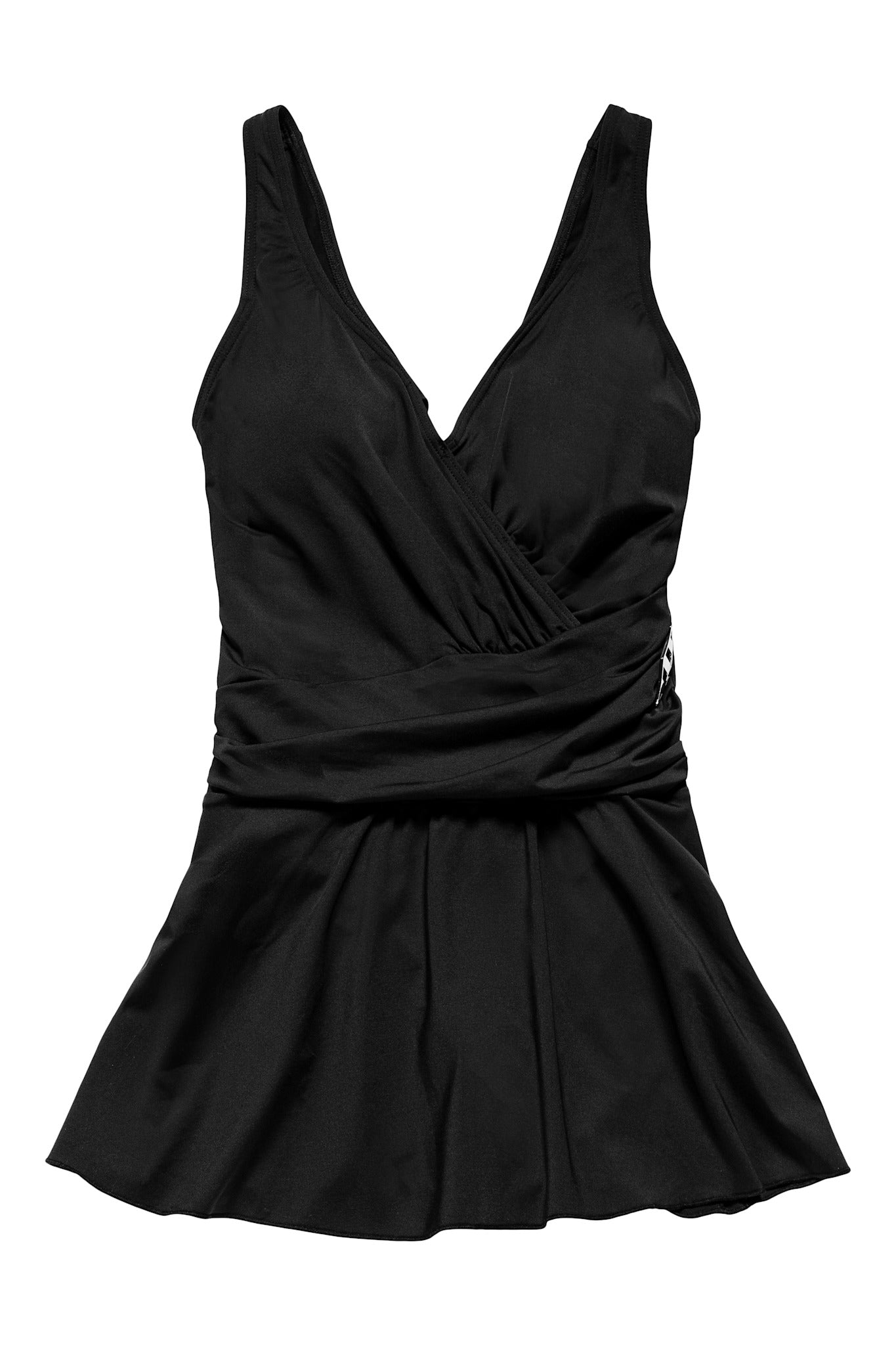 Venezia swim dress with draped waist and small skirt in elegant black – moulded cups and silver clasp detail