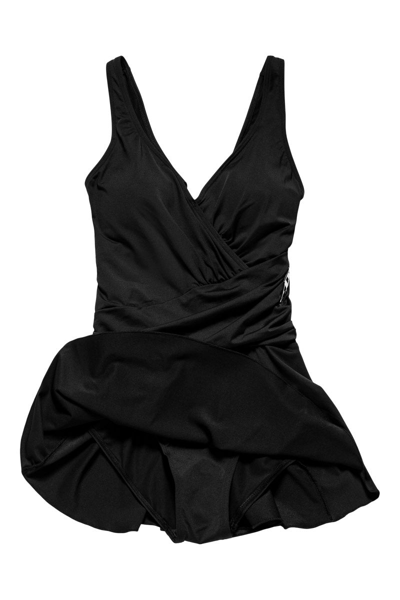 Venezia swim dress with draped waist and small skirt in elegant black – moulded cups and silver clasp detail