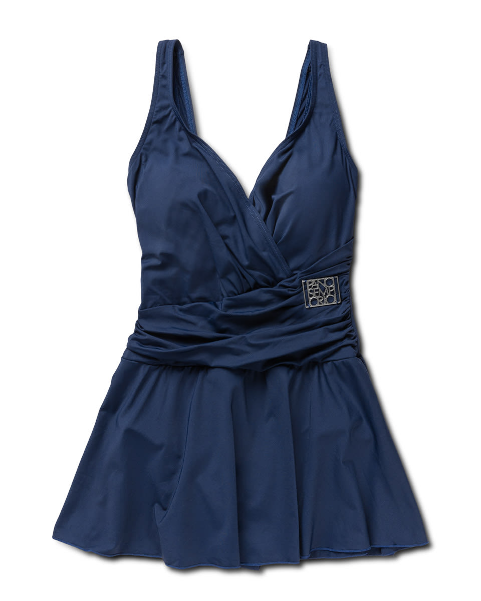 Venezia swim dress with draped waist and small skirt in elegant black – moulded cups and silver clasp detail